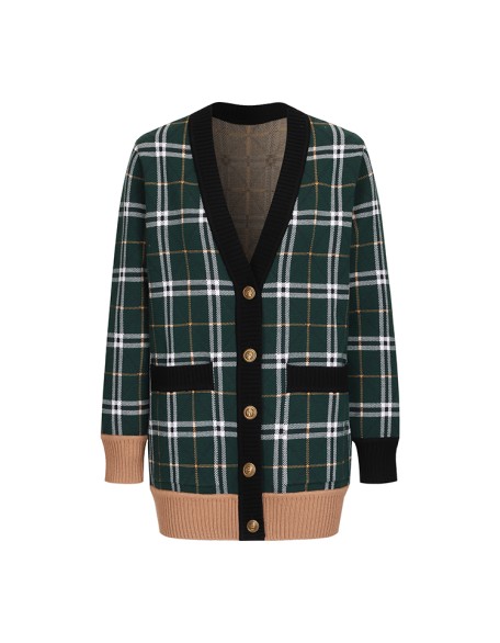 Knitwear manufacturer custom winter warm v neck knit long sleeved plaid cardigan sweater for women