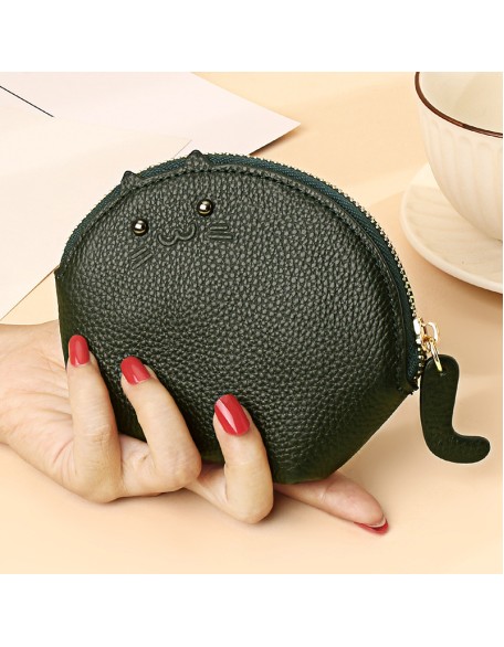 Latest Designer Genuine Leather Women's Mini Lovely Cat Card Holder Zipper Zero Wallet Pouch