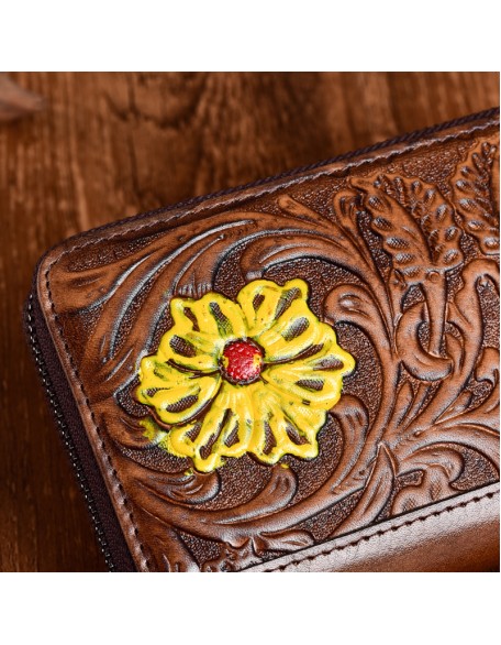 New Arrival Hot Selling Real Leather Embossed Flower Purse Luxury Carved Long Wallets for Women