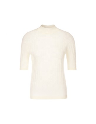 Knitwear manufacturers custom beige half high collar half sleeve casual middle age women sweater wool knit sweater