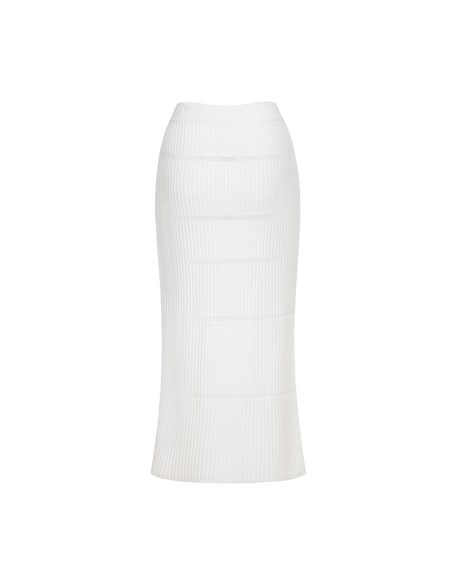 Knitwear manufacturers custom white high waist hollow out rib midi elegant casual skirts for women solid knitted women's skirts
