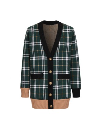 Knitwear manufacturer custom winter warm v neck knit long sleeved plaid cardigan sweater for women