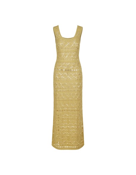 Knitwear manufacturers custom summer gold round neck sleeveless hollow out elegant casual fairy dress women sweater knit dresses
