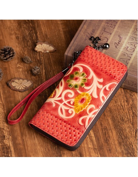 red flower design vintage embossing wallets for women fashionable genuine leather handmade long wallet