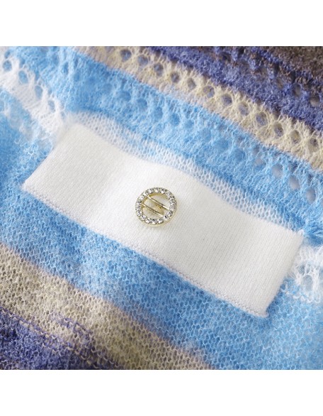 Knitwear manufacturer custom v neck long sleeved striped hollow out knitted cardigan sweater women