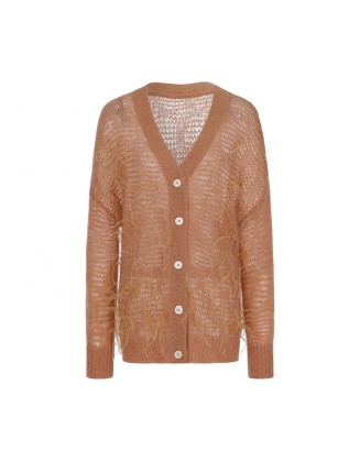Knitwear manufacturer custom spring mohair v neck feather long sleeved loose knit cardigan sweater women