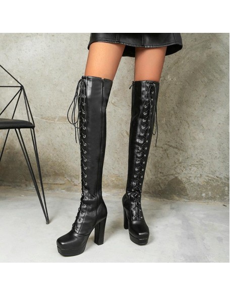 Larger size long boot women safety shoes work boots with fur lining block heels
