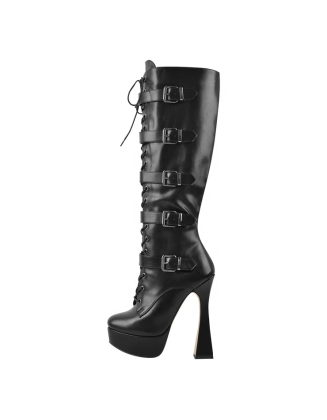 Round toe black color faux leather long boots women's platform high heels footwear private label add on shoes freely