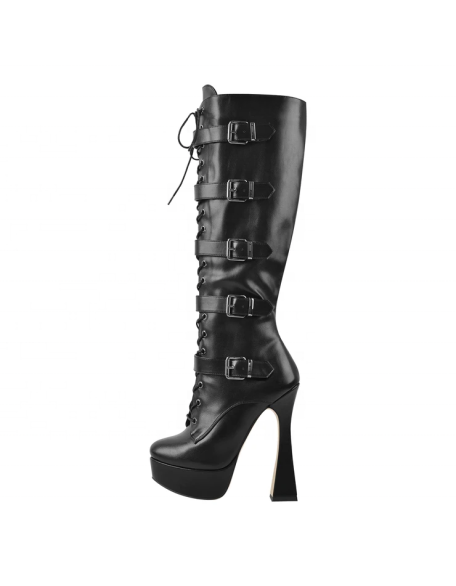 Round toe black color faux leather long boots women's platform high heels footwear private label add on shoes freely