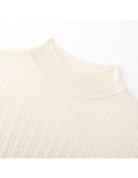 Knitwear manufacturers custom beige half high collar half sleeve casual middle age women sweater wool knit sweater