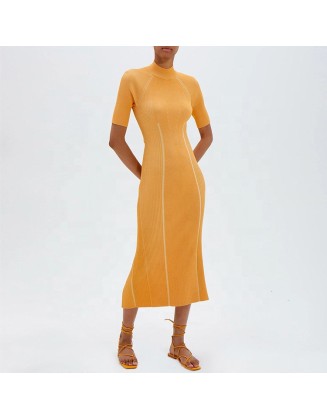 Knitwear manufacturers custom half turtleneck rib elegant casual bandage dresses for women 2023 sweater knit women's dresses
