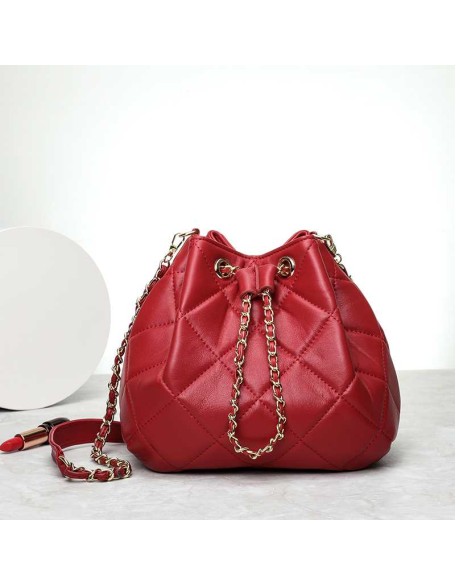 Promotion Ladies Quilted Draw string Genuine Sheepskin Leather Bucket Bag ladies handbags genuine leather custom