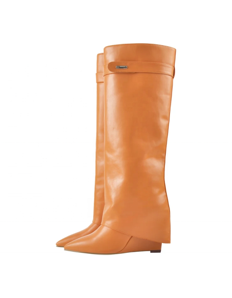 Factory new design women knee high boots 2021 fall season wedge shoes small MOQ Wholesaler price heels
