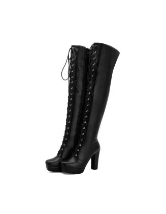 Larger size long boot women safety shoes work boots with fur lining block heels