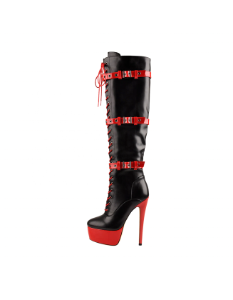 PU material round toe thigh high martin womens heeled boots shoes wholesaler in factory