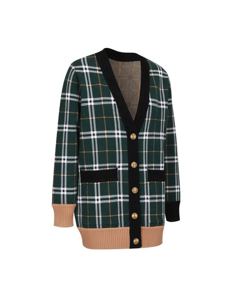Knitwear manufacturer custom winter warm v neck knit long sleeved plaid cardigan sweater for women