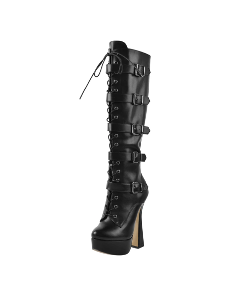 Round toe black color faux leather long boots women's platform high heels footwear private label add on shoes freely
