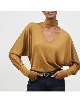 Knitwear manufacturers custom hollow out loose elegant casual 100% wool turtleneck long sleeve pullover knit sweater women