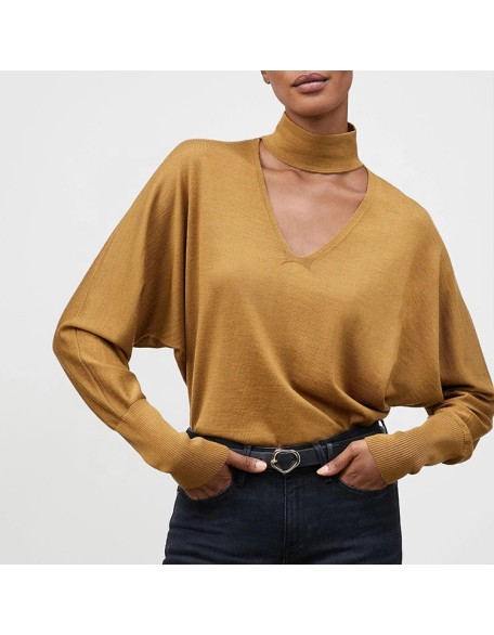 Knitwear manufacturers custom hollow out loose elegant casual 100% wool turtleneck long sleeve pullover knit sweater women