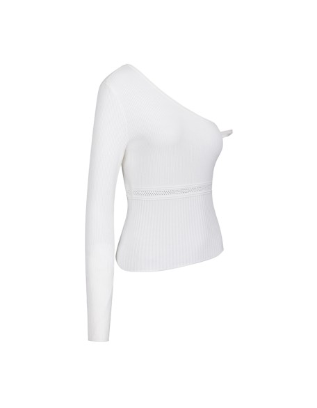 Knitwear manufacturers custom white ribbed single shoulder elegant casual plain solid color spring knitted women's sweaters