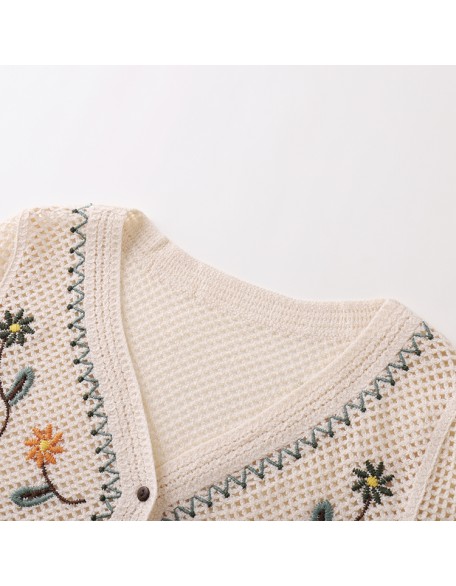 Knitwear manufacturers custom summer cutout knit short V neck long sleeves women crochet cardigan top