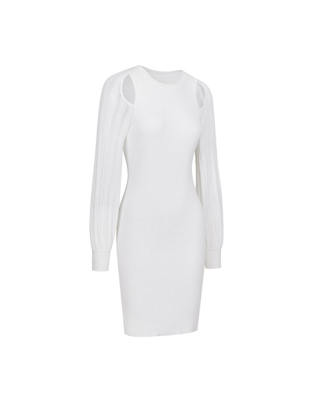 Knitwear manufacturers custom white round neck long sleeve elegant casual dresses women sexy formal sweater knit women's dresses