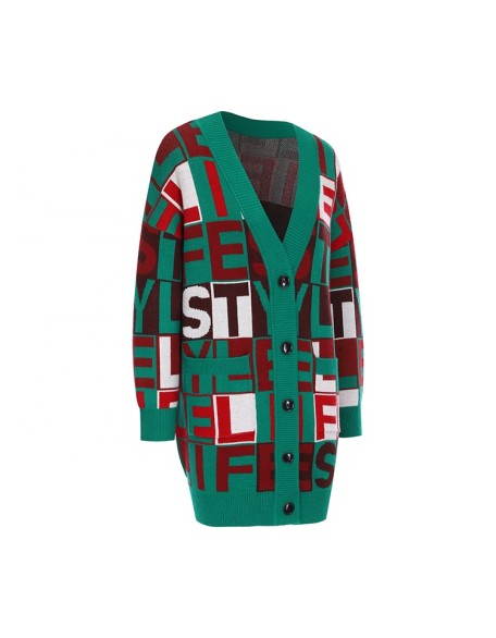Knitwear manufacturer custom new v neck long sleeved monogram jacquard knitted cardigan coat women's sweater