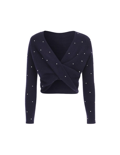 Knitwear manufacturer custom new spring loose cross V-neck temperament top beading knit cardigan women's sweater